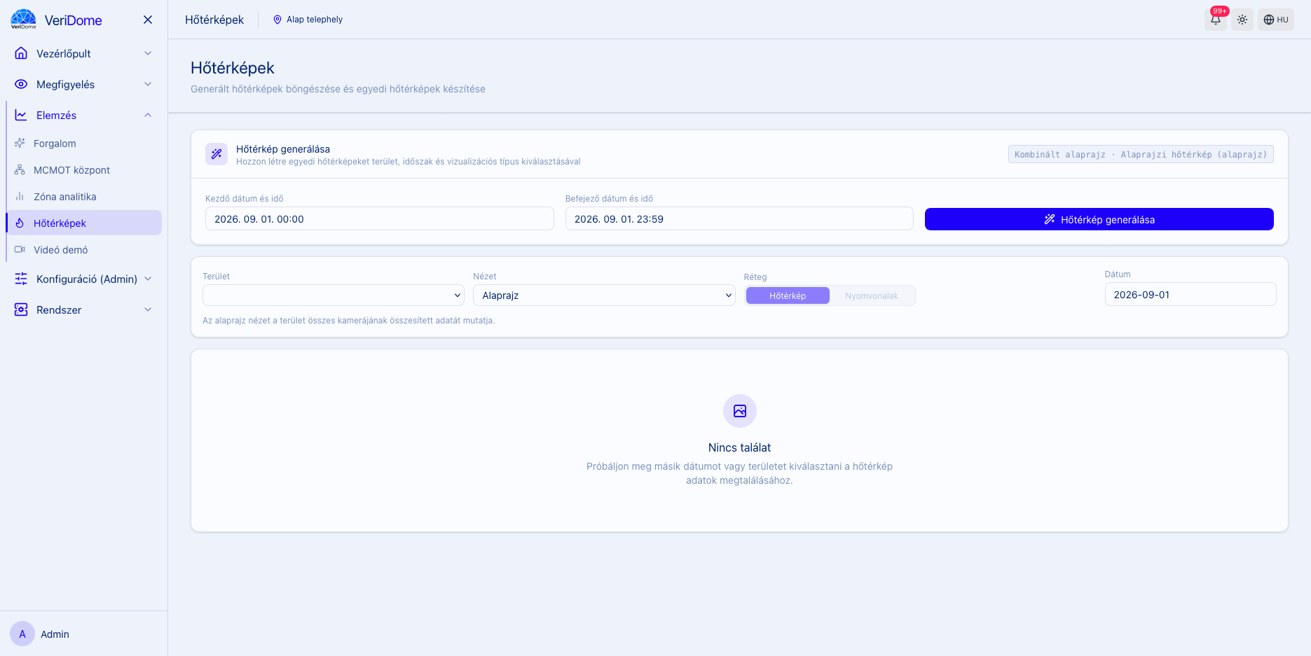 A VeriDome Analytics hőtérkép-készítő felülete